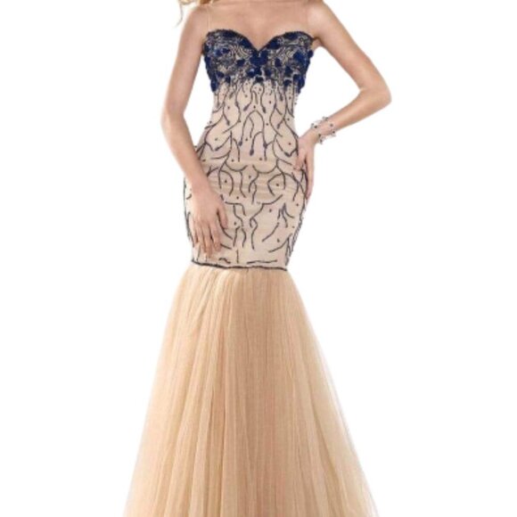 NWT Tarik Ediz MTE92390 Satin Prom Dress Blue Size 2 - Picture 1 of 8